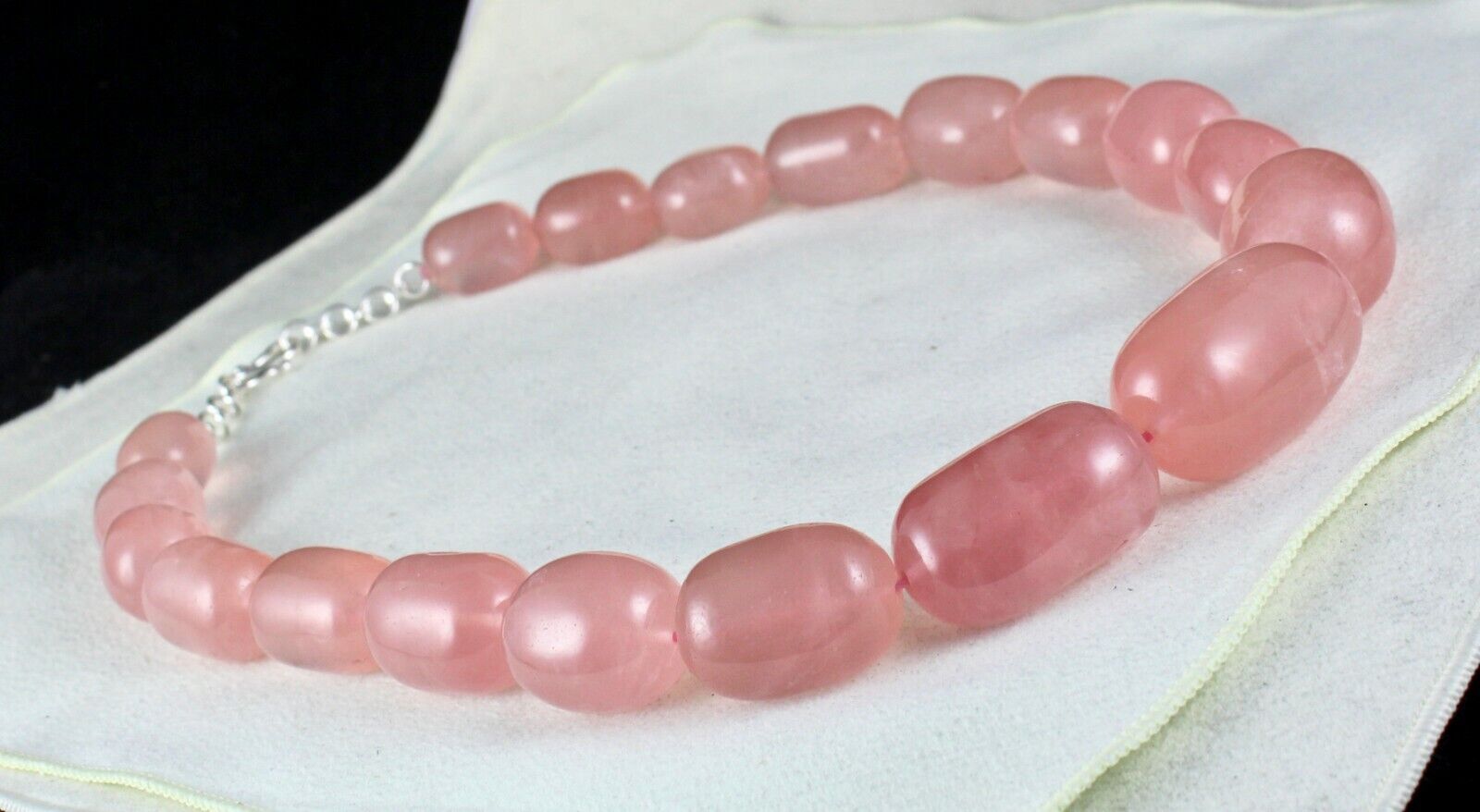 40MM NATURAL ROSE QUARTZ BEADS LONG CABOCHON 1406 CTS GEMSTONE SILVER NECKLACE