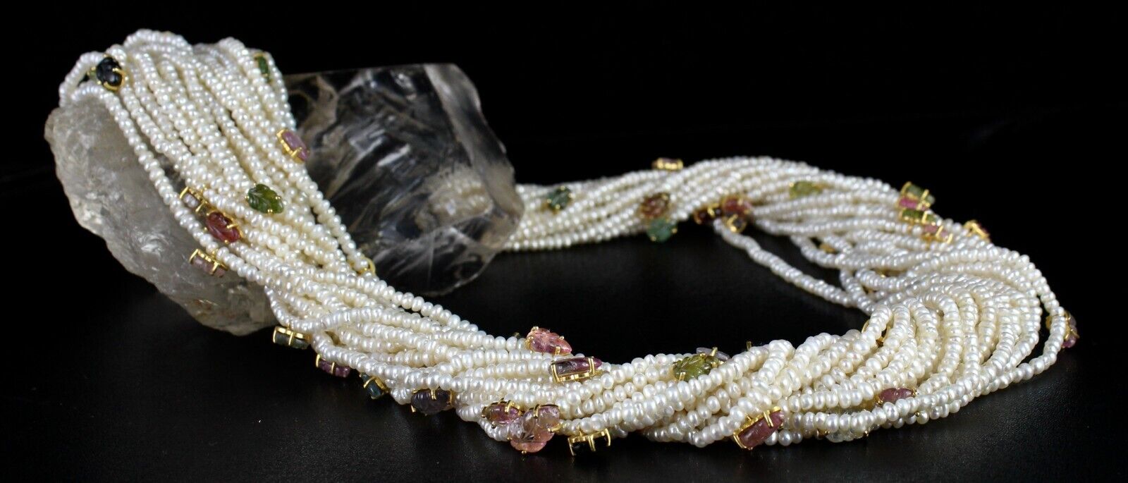 Unique Pearl Bead Natural Tourmaline Carved Leaf 972 Ct Silver Designer Necklace