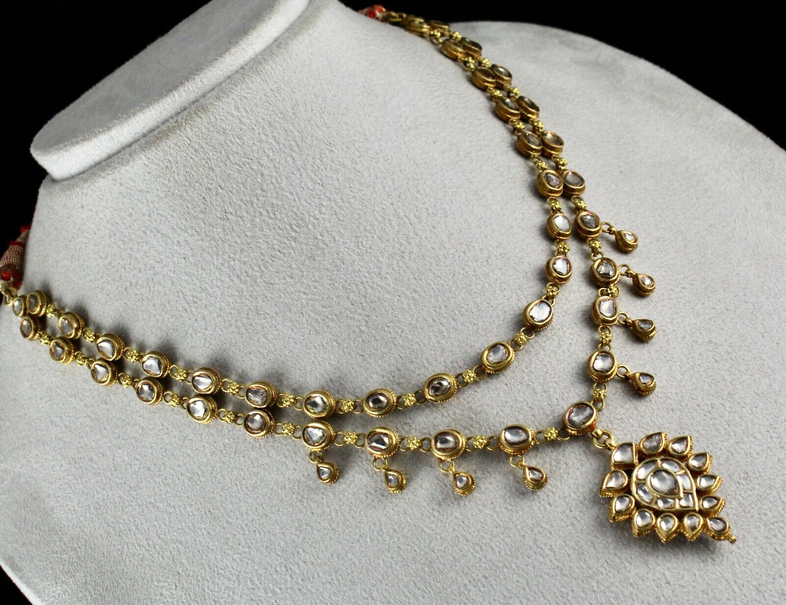 Natural Diamond 22k Yellow Gold Necklace Jadau Old Indian Antique Set Earring