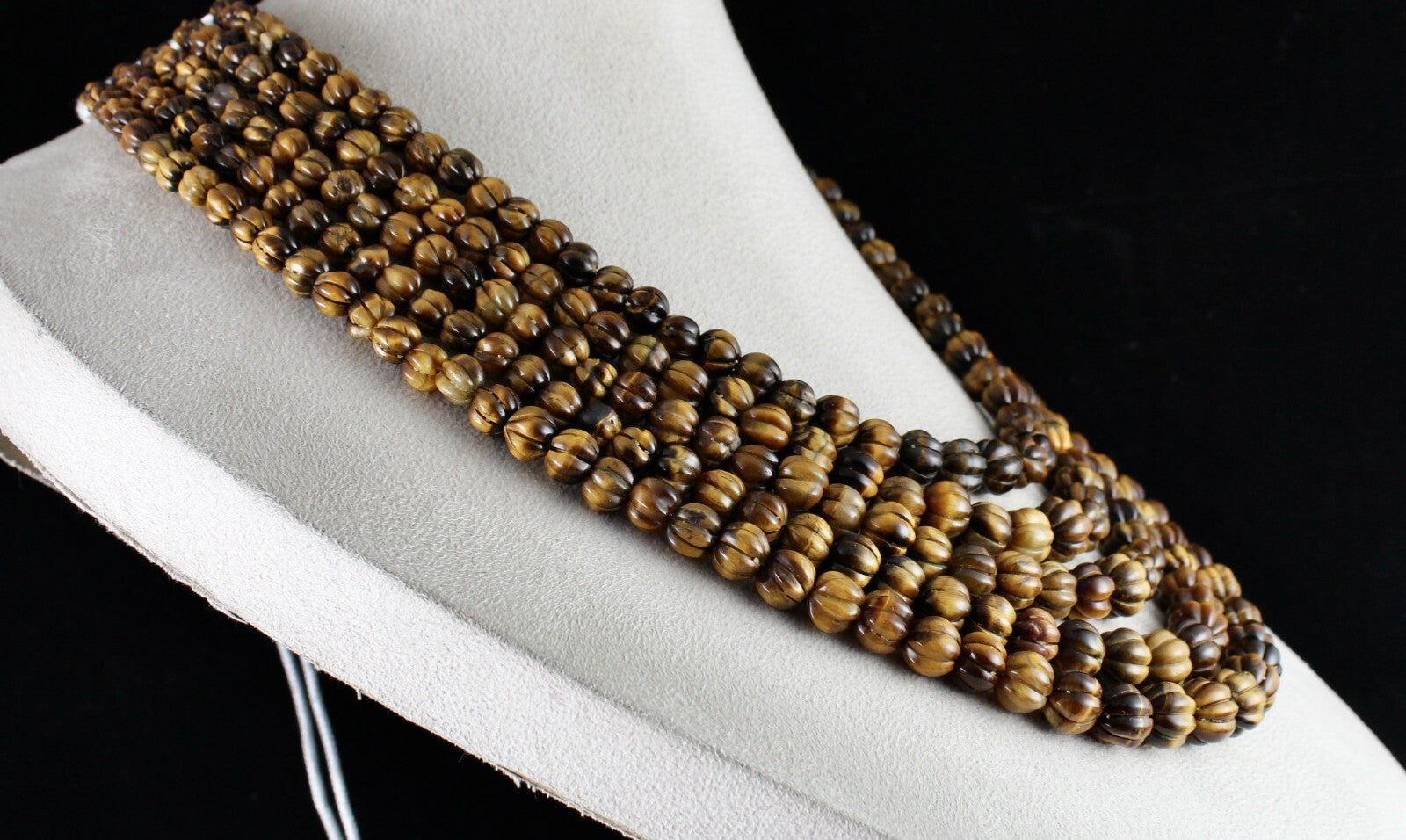 Natural Tiger Eye 1214 Cts Carved Beads 5 Line Gemstone Antique Necklace