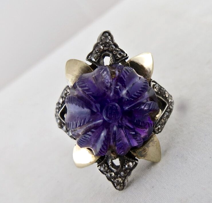 Antique Natural Amethyst Carved Diamond 18K Gold 925 Silver Victorian Ring