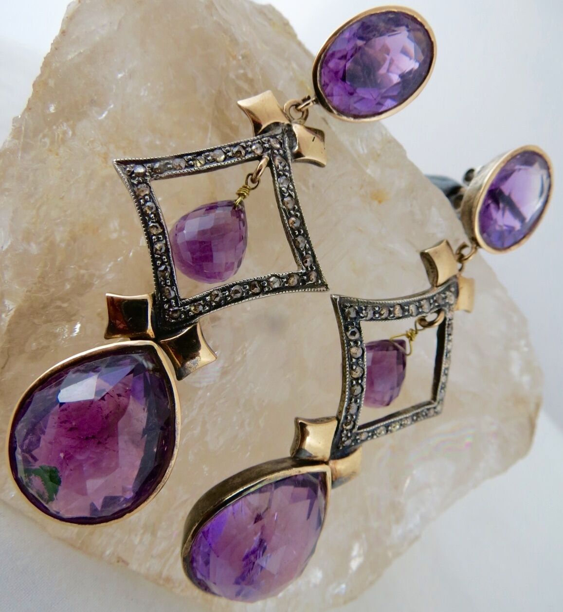 Estate Natural Amethyst Diamond 18 K Gold & 925 Silver Victorian Dangle Earring