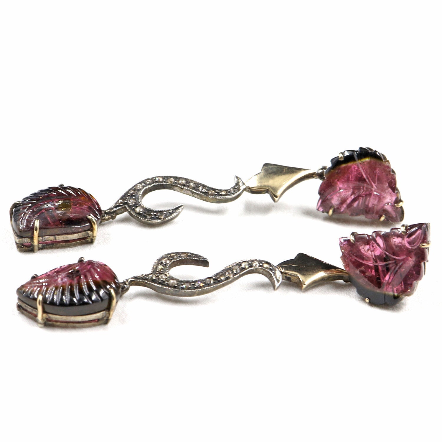 Bi Color Tourmaline 73ct Natural Diamond 18k Gold 925 Silver Victorian Earrings