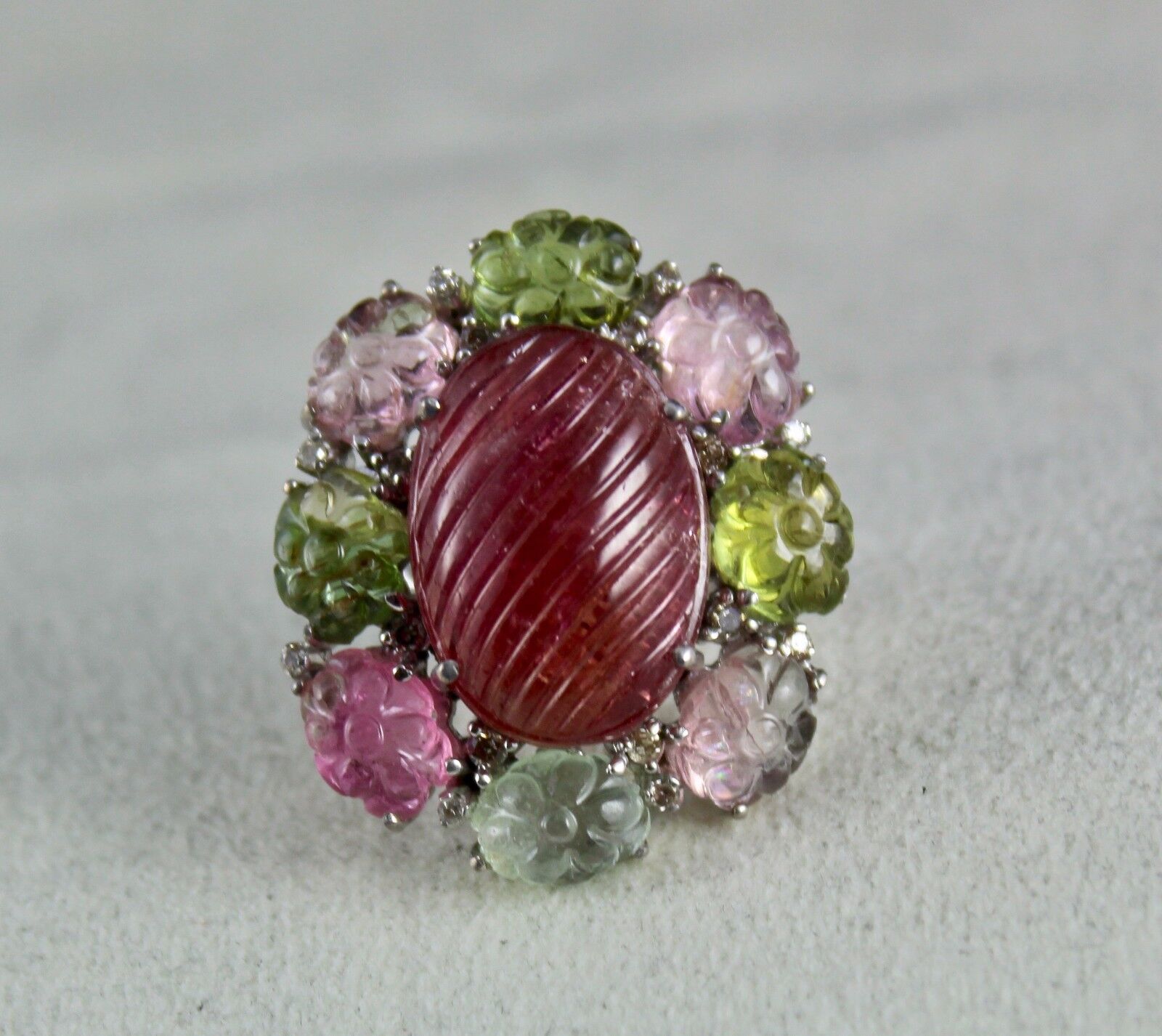 Exclusive Natural Multi Tourmaline Carved Gemstone Diamond Silver Statement Ring