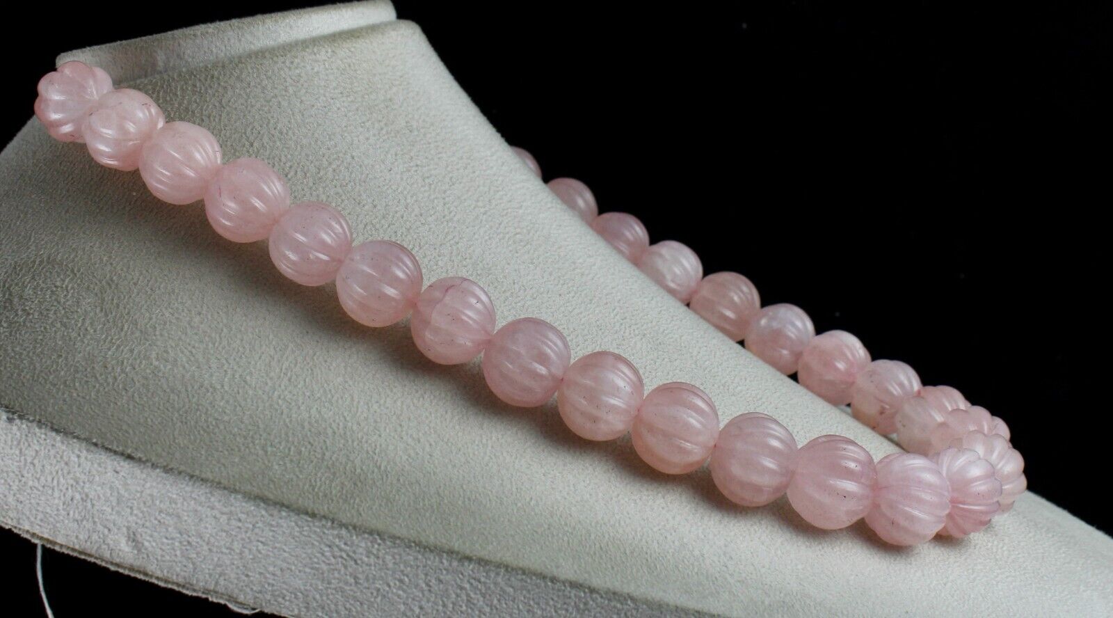 Natural Rose Quartz Melon Carved Beads 1185 Ct Pink Gemstone Silver Necklace