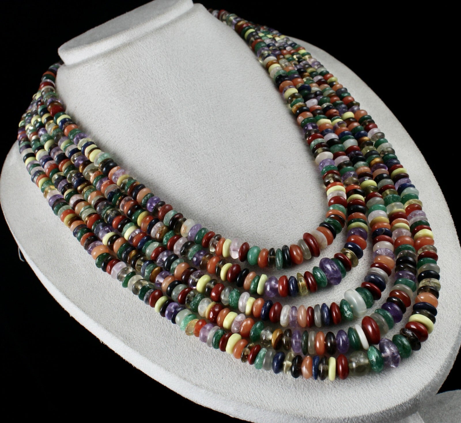 Old Natural Multi Semi Precious Beads 1897 Ct Gemstone Button Necklace 5 Line