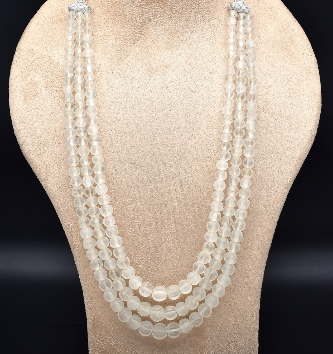 Natural Rock Crystal Quartz 626 Ct Carved Melon Frost Beads Necklace