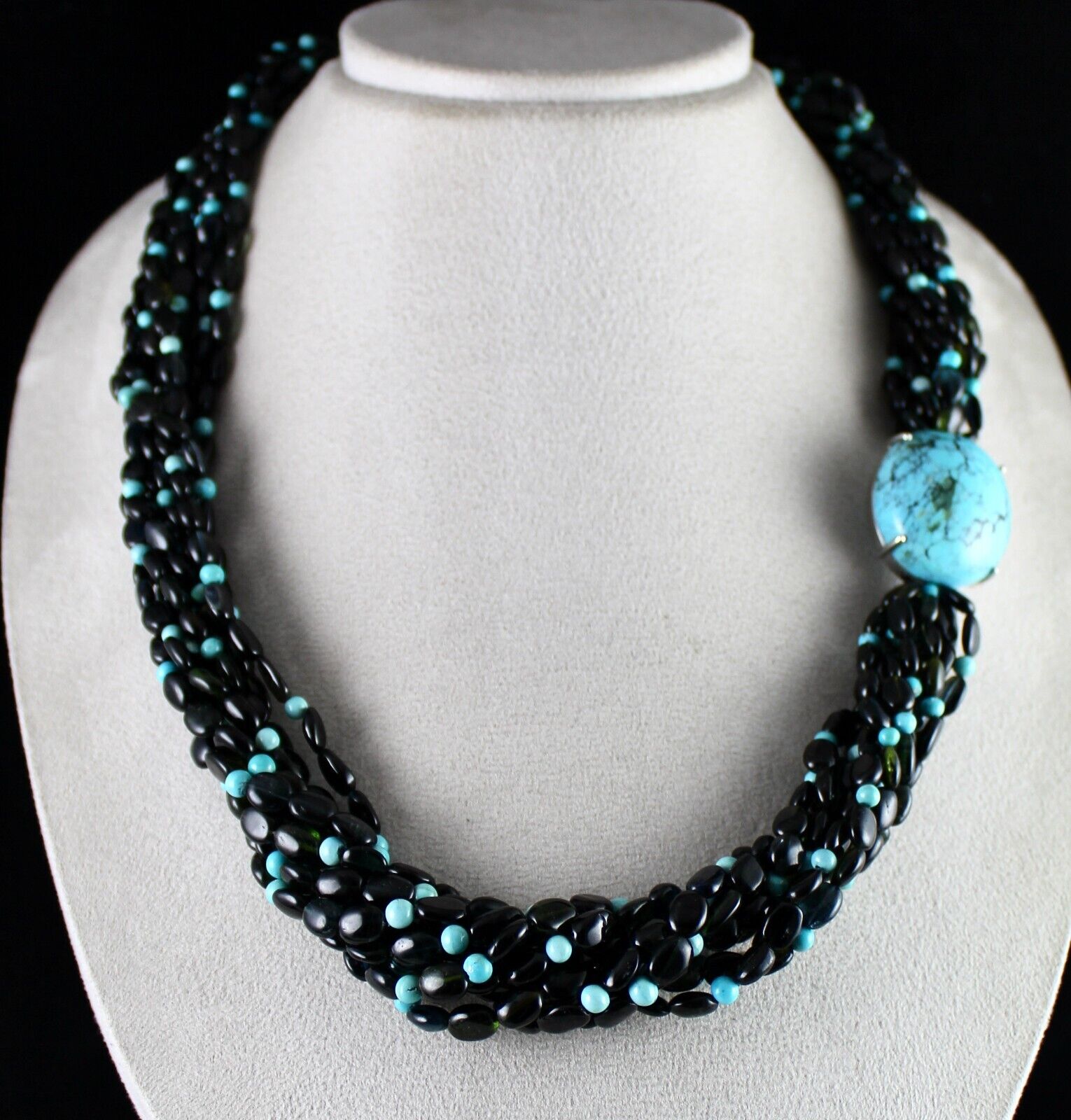 FINE NATURAL BLACK TOURMALINE TURQUOISE BEADED DESIGNER GEMSTONE SILVER NECKLACE