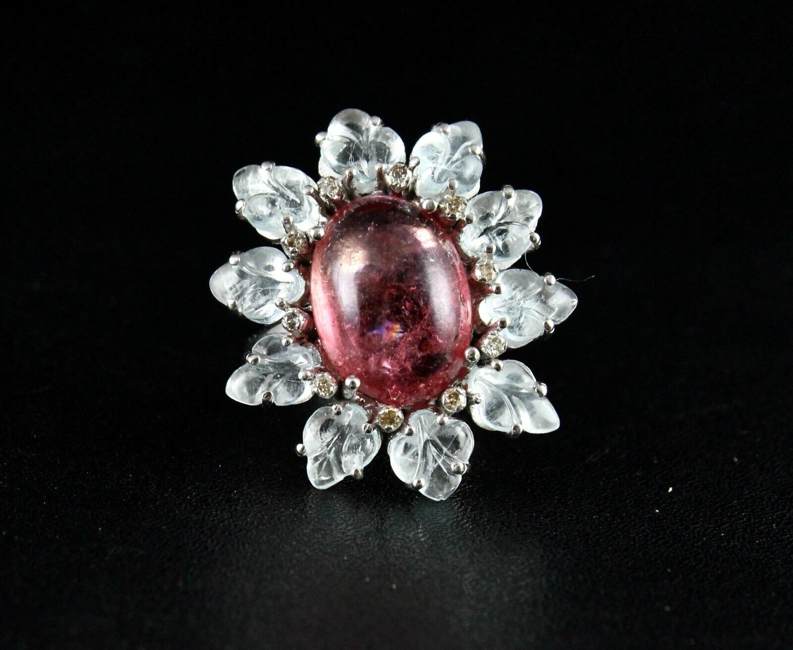 Antique Natural Pink Tourmaline Aquamarine Carved Gemstone Silver Victorian Ring