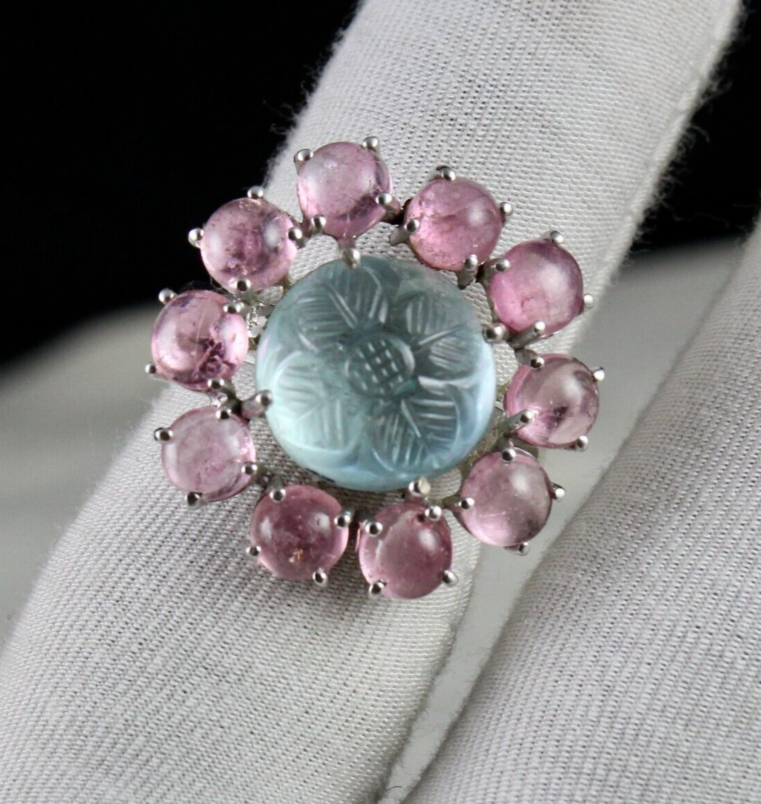 Antique Natural Aquamarine Carved Pink Tourmaline Gemstone Silver Victorian Ring