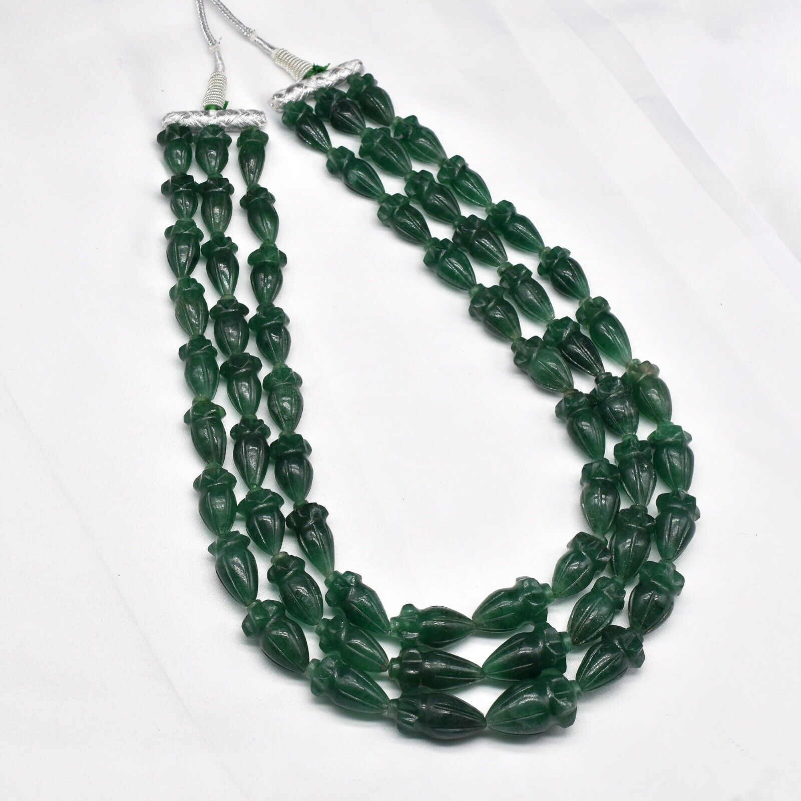 Natural Green Quartz Engraved Beaded Necklace 3 Line 1247 Ct Old Carved Gemstone