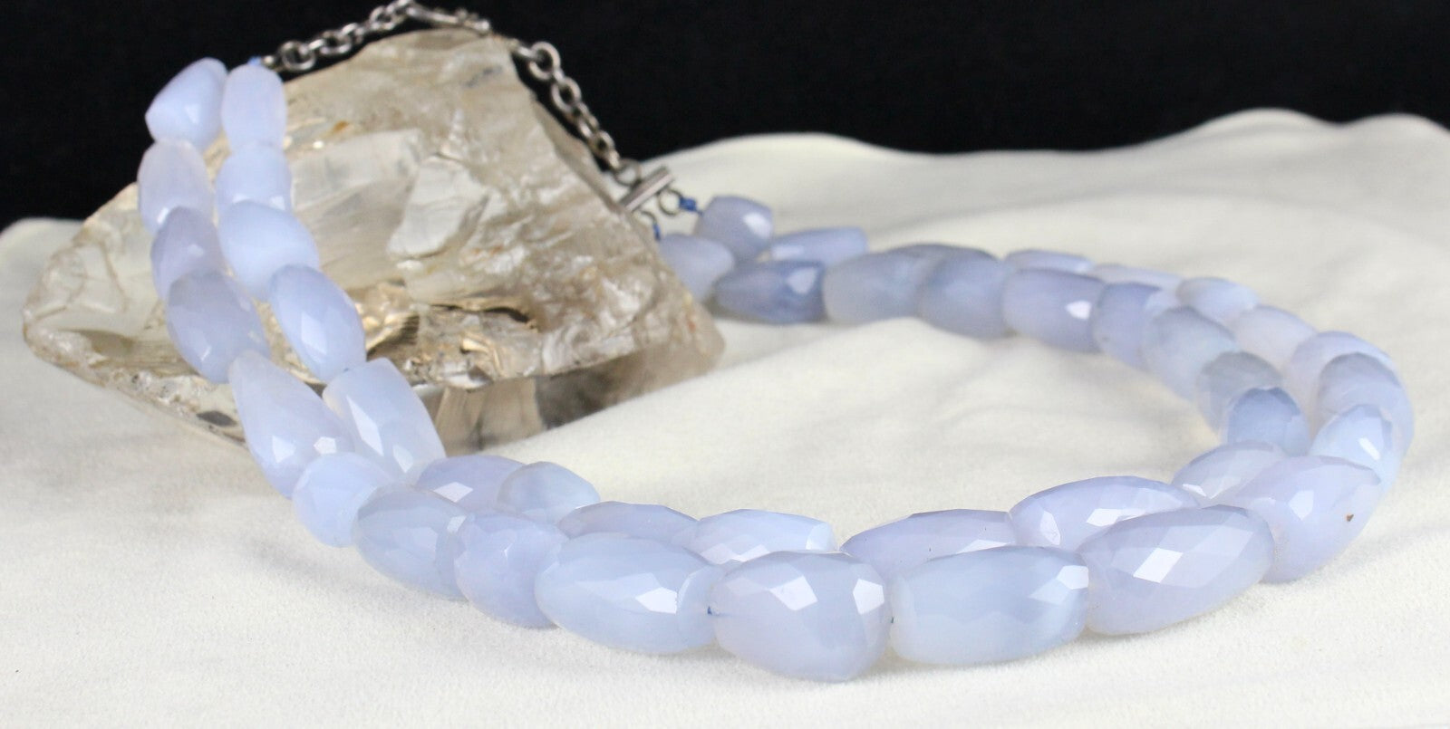 Certified Natural Blue Chalcedony 1290 Ct Faceted Beads Sterling Silver Necklace