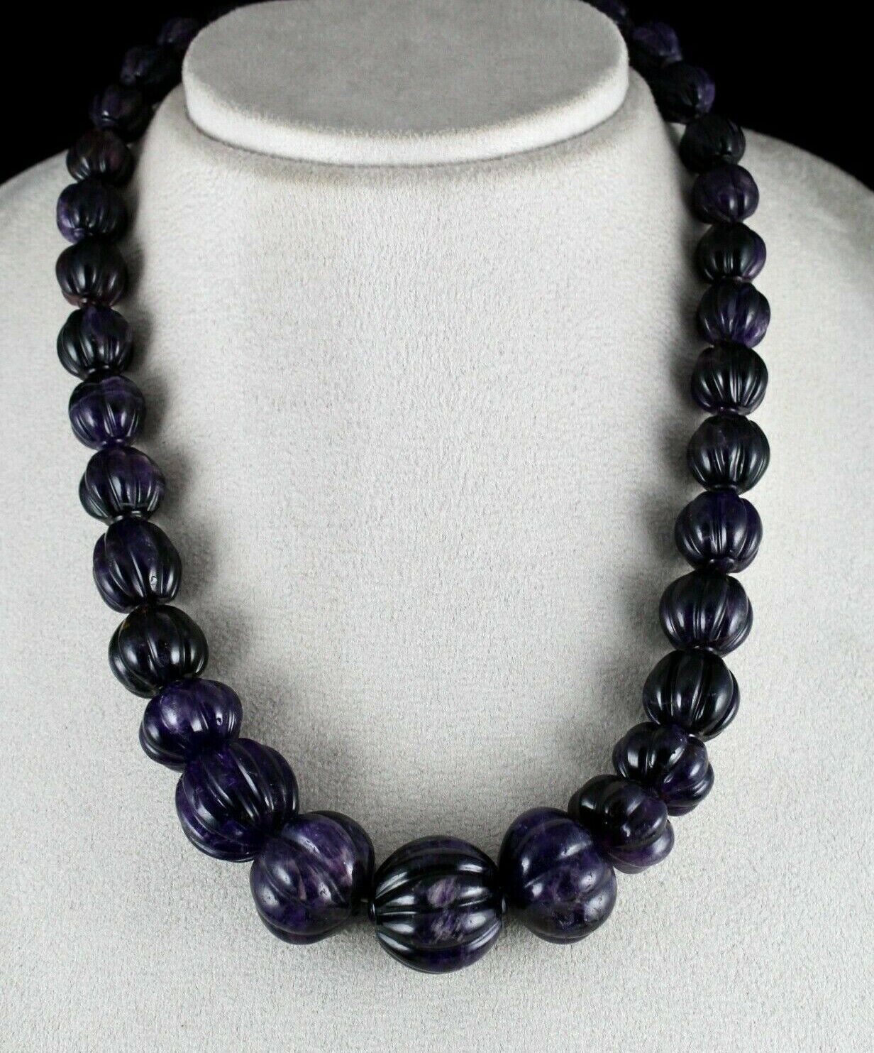 Natural Amethyst Carved Melon Bead 23mm 810 Cts Gemstone Silver Fashion Necklace