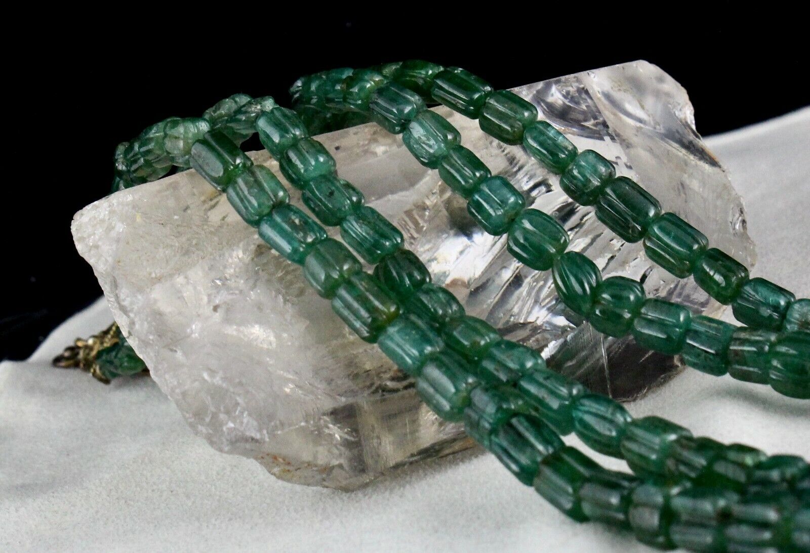 NATURAL UNTREATED EMERALD BEADS CARVED 2 LINE 688 CARAT GEMSTONE SILVER NECKLACE