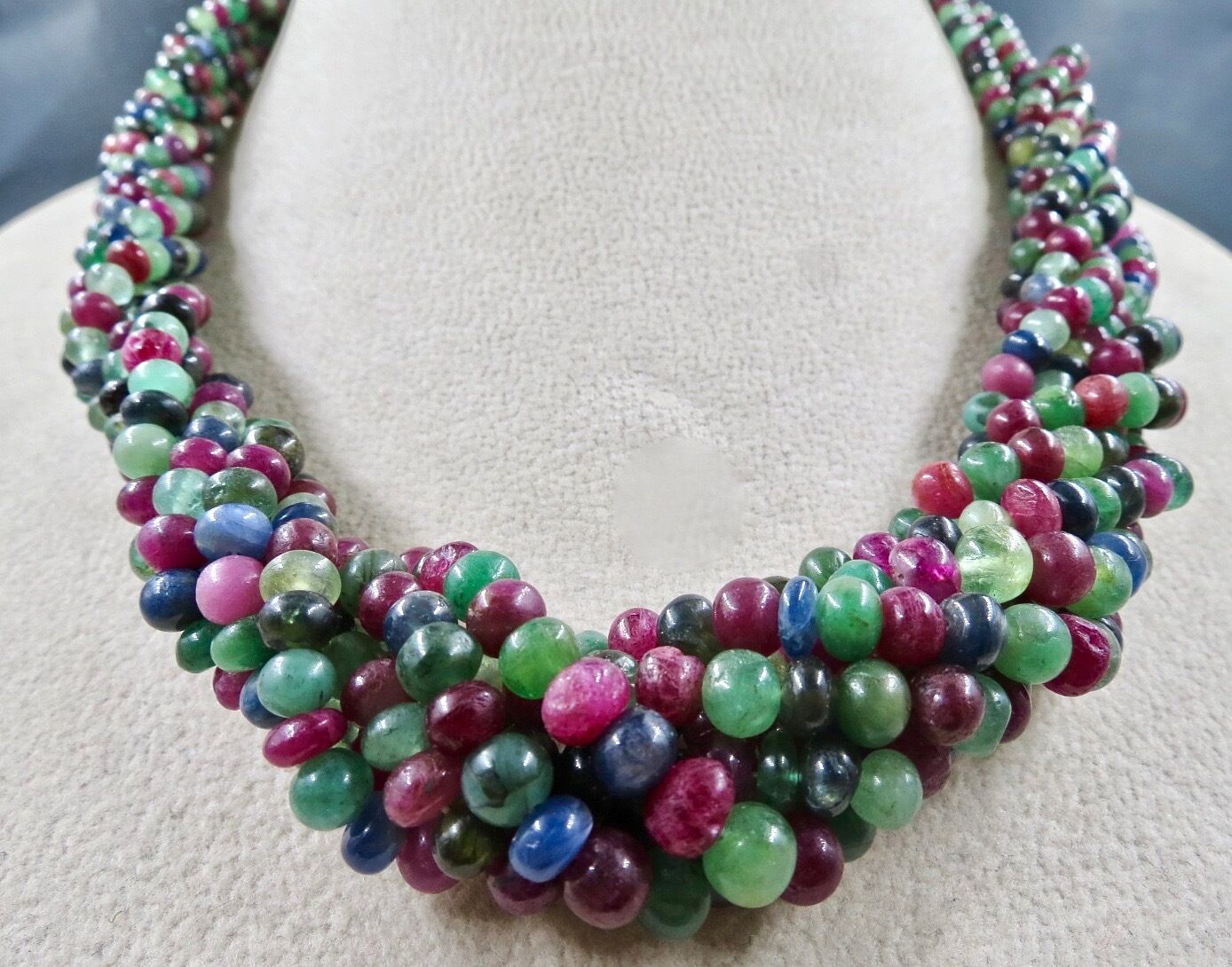 Vintage Natural Emerald Ruby Sapphire Beaded Round 631 Ct Stone Silver Necklace