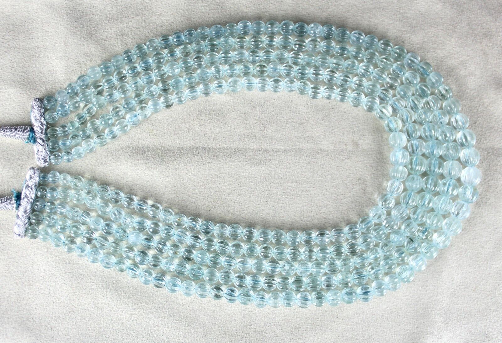 NATURAL AQUAMARINE BEADS CARVED 5 LINE 873 CARATS LADIES GEMSTONE MELON NECKLACE