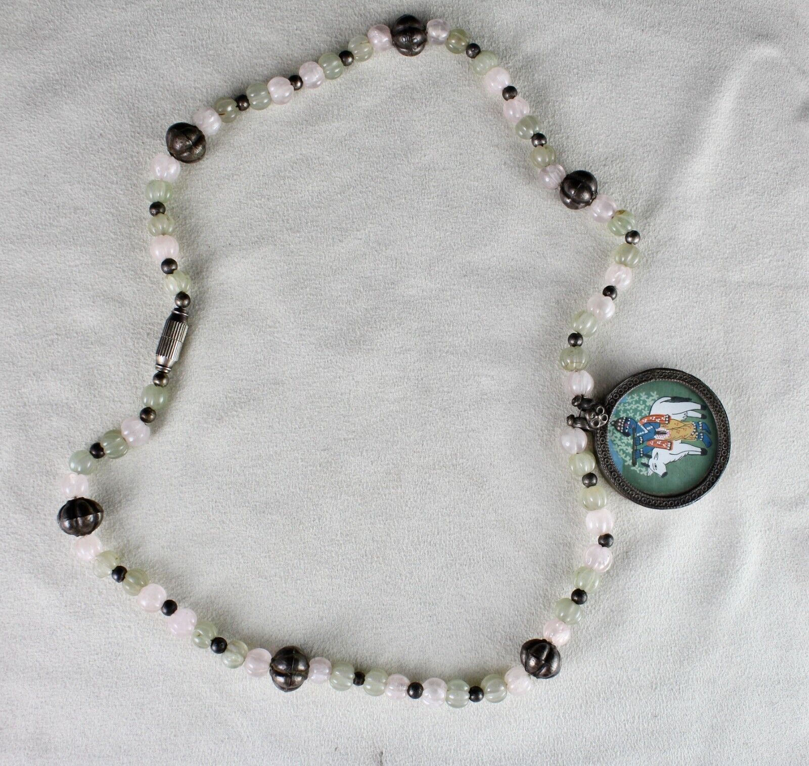 Old Krishna Painting Silver Pendant Rose Quartz Jade Carved Stone Beads Necklace