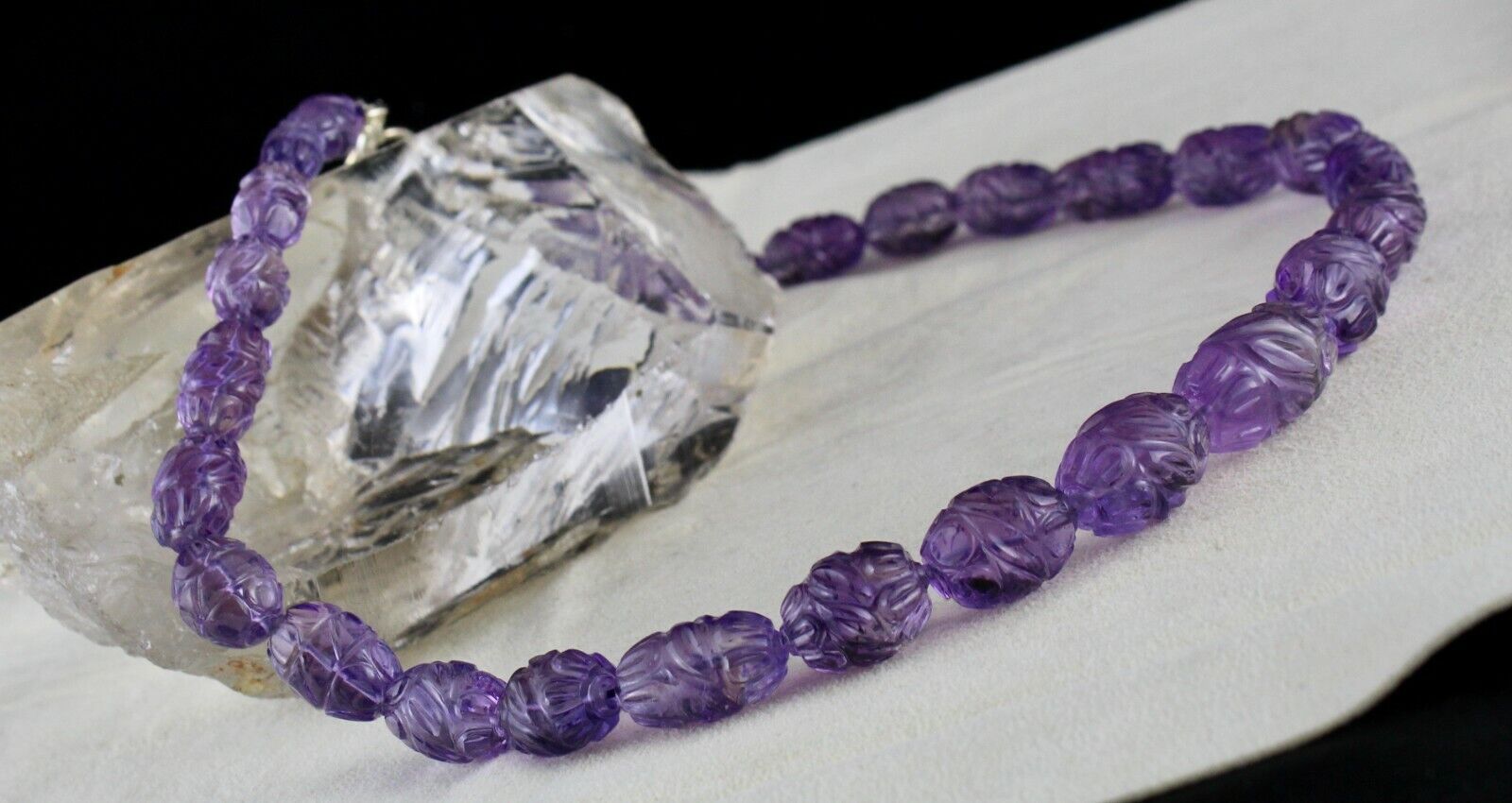 ANTIQUE NATURAL AMETHYST BEADS CARVED LONG 332 CARATS GEMSTONE SILVER NECKLACE