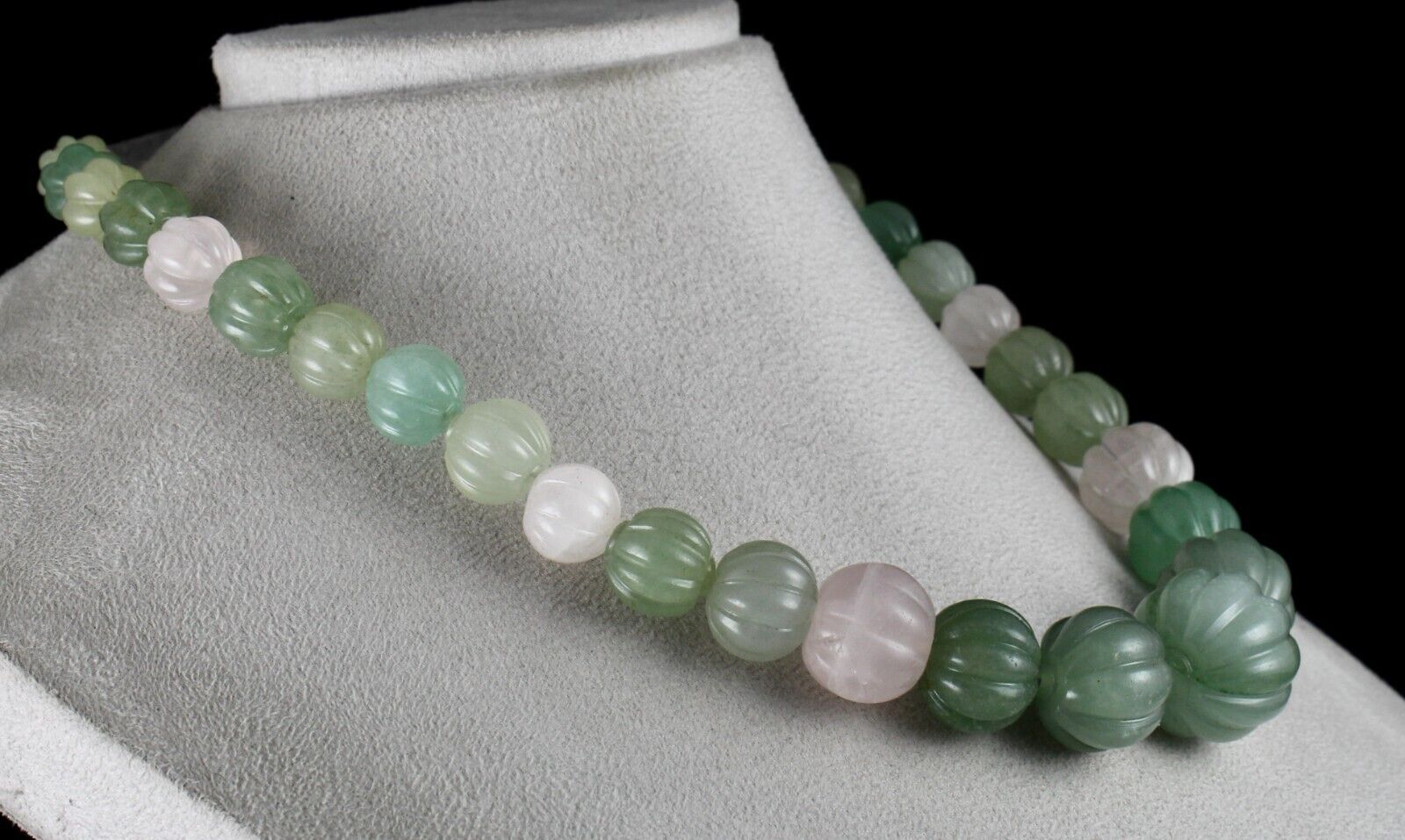 NATURAL INDIAN JADE ROSE QUARTZ MELON CARVED BEADS 854 CTS STONE SILVER NECKLACE