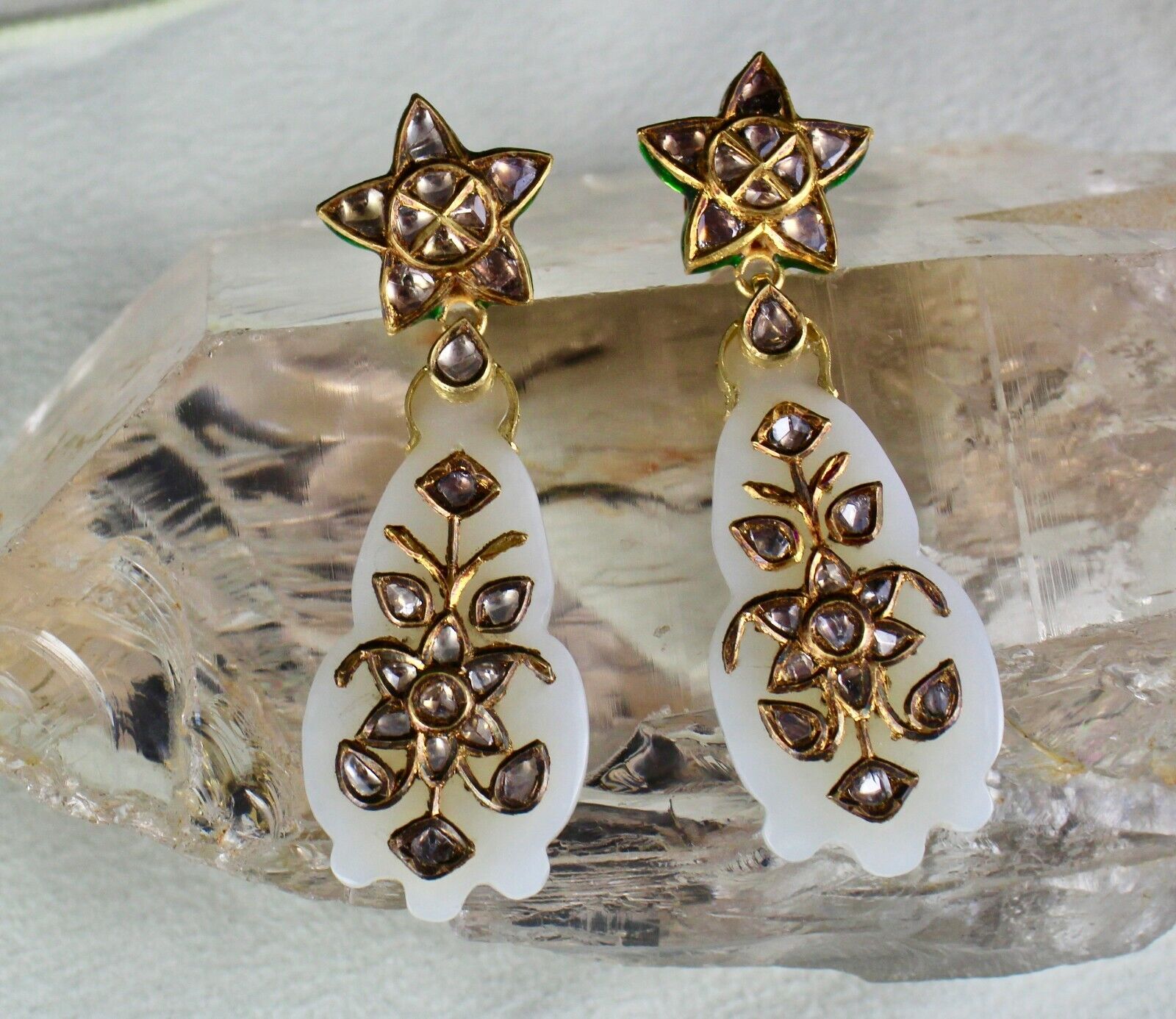 ANTIQUE OLD REAL NEPHRITE JADE FLAT DIAMOND 18K GOLD JADAU STATEMENT EARRING