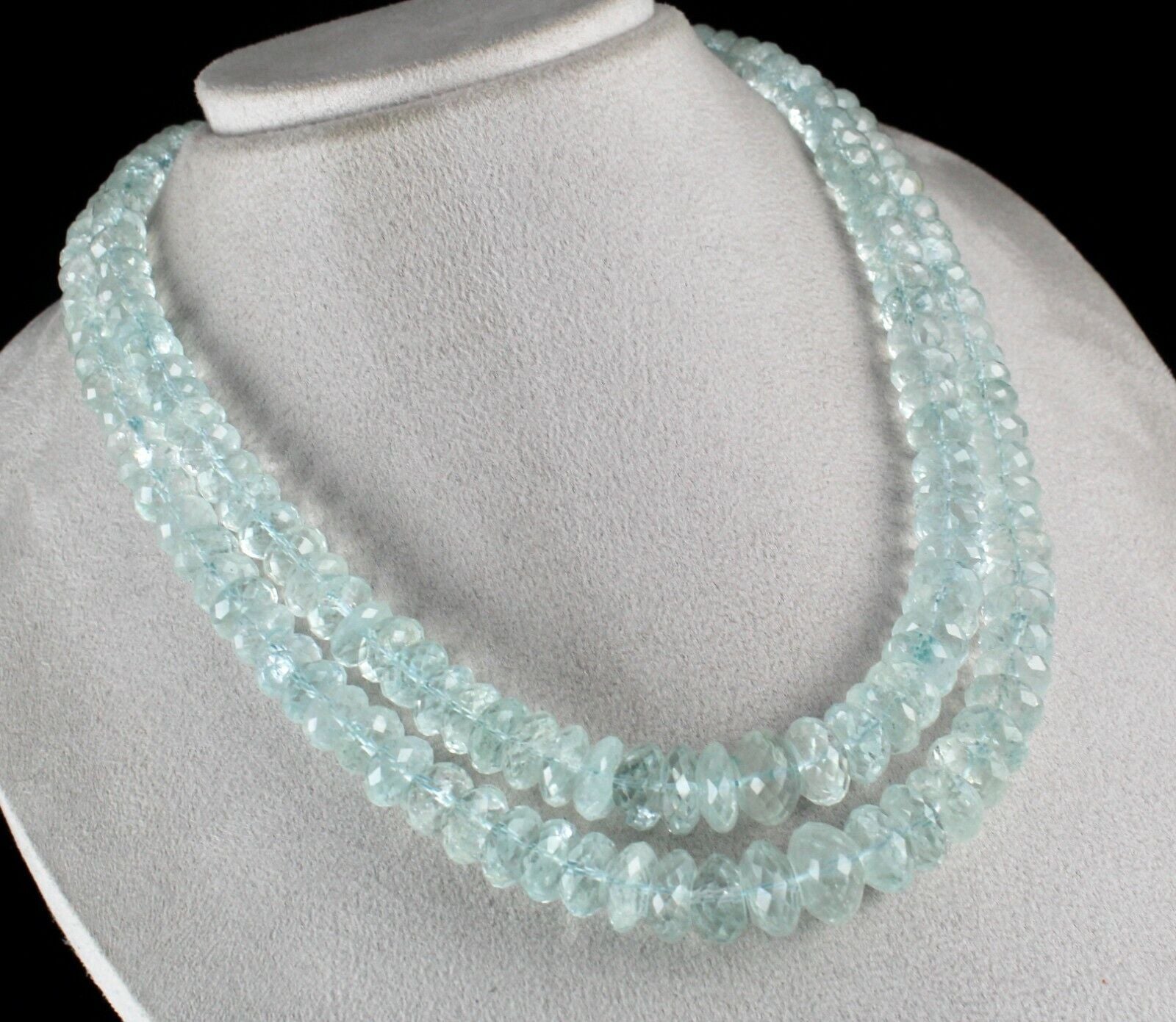 Natural Aquamarine Beaded Necklace 2 Line 972 Carats Blue Faceted Round Gemstone