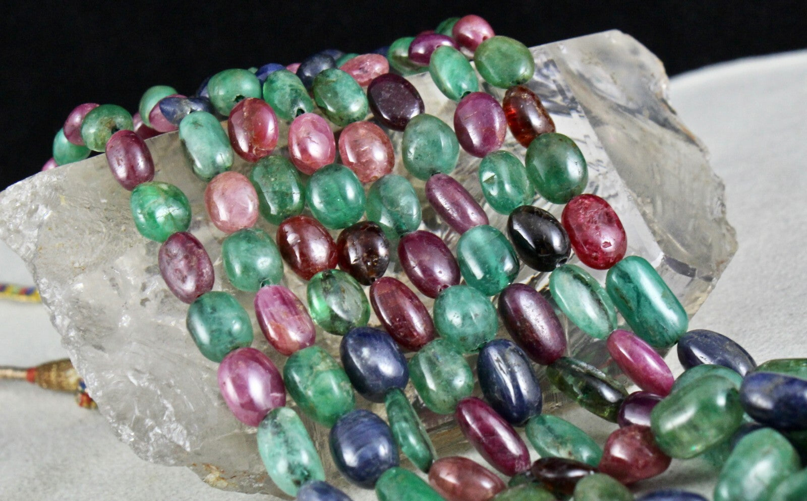 Certified Antique Natural Emerald Ruby Blue Sapphire 886 Ct Beads Necklace