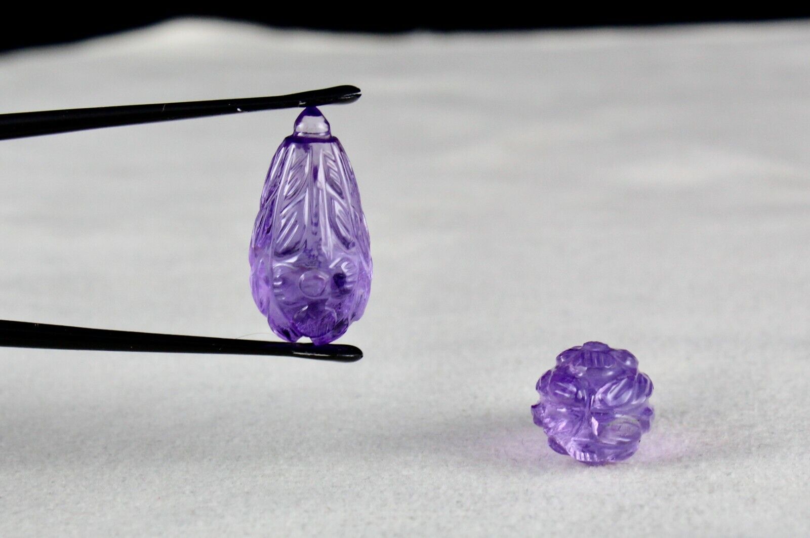 NATURAL AMETHYST CARVED DROPS PAIR 2 PCS 53.80 CARATS GEMSTONE EARRING DESIGNING