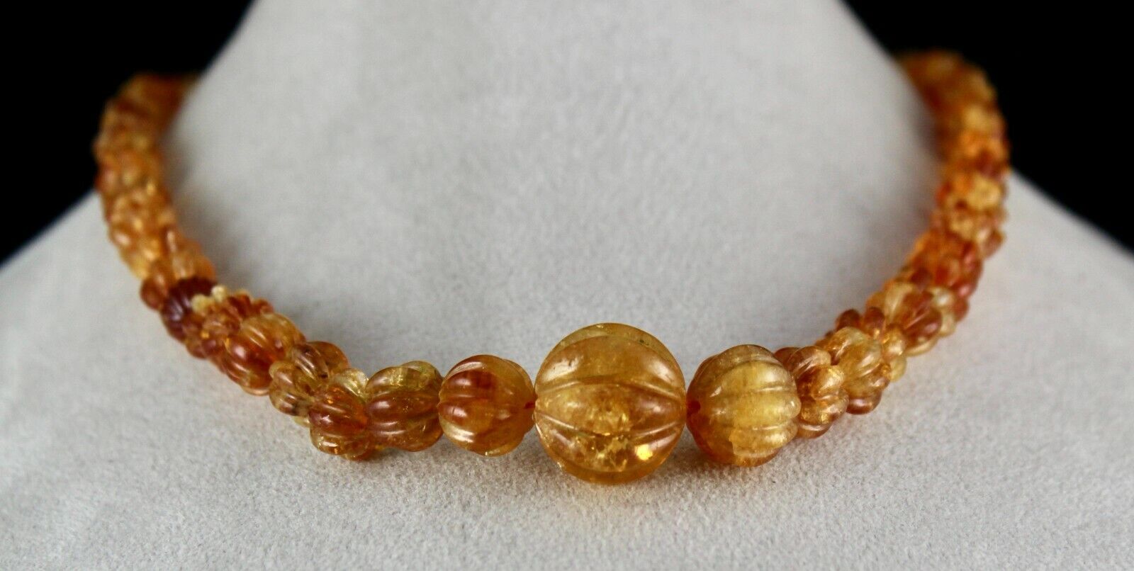 Natural Citrine Carved Beaded Necklace 390 Carats Round Gemstone Silver Clasp