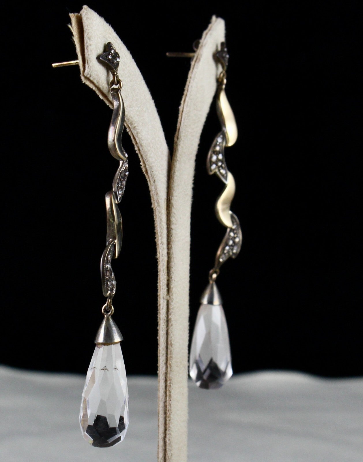 Natural Rock Crystal Quartz 10ct Natural Diamond 18k Gold Victorian Earrings