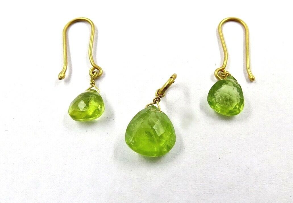 NATURAL GREEN PERIDOT TEAR DROPS 18K GOLD GEMSTONE FASHION EARRING PENDANT SET