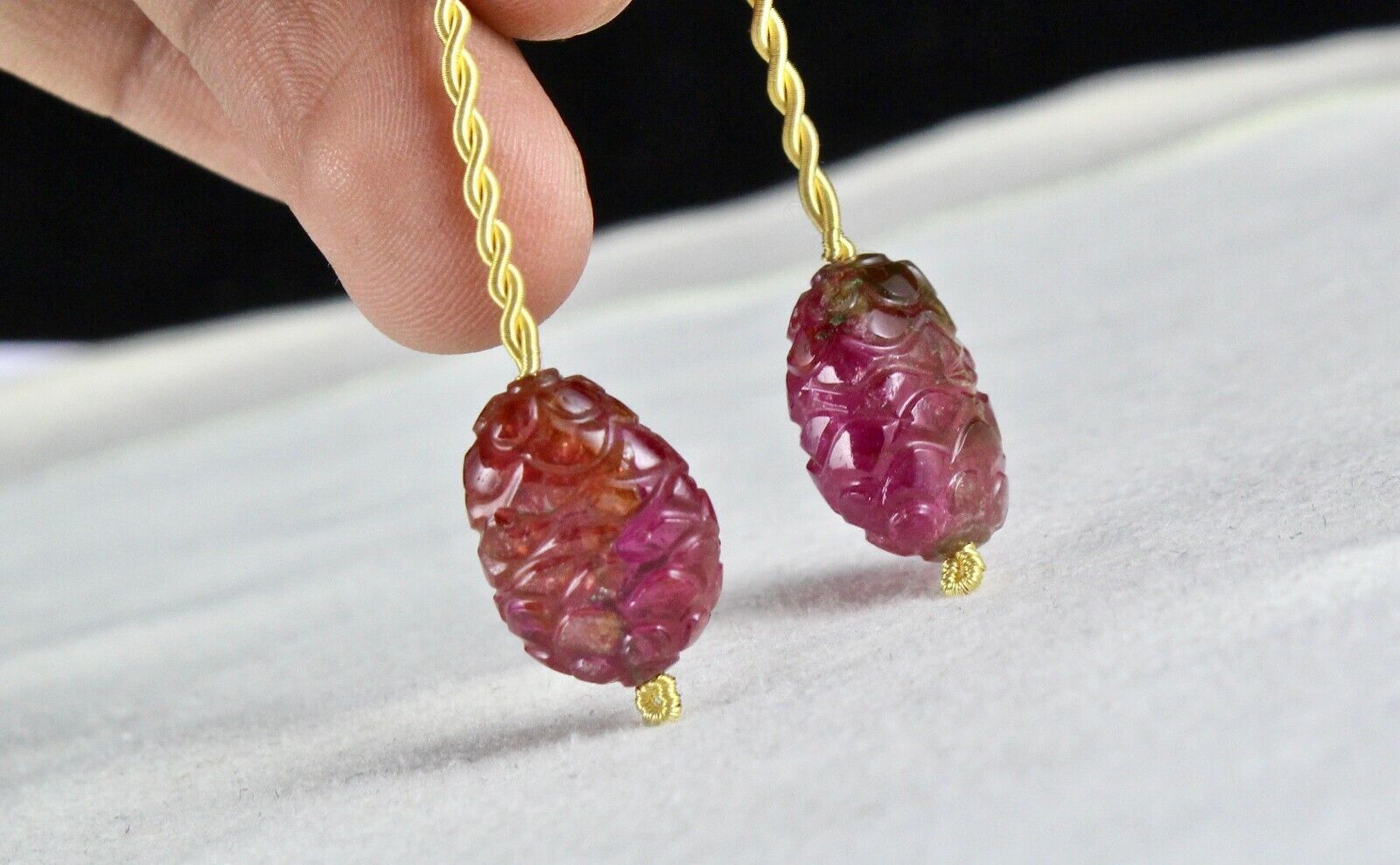 Natural Tourmaline Carved Cabochon Drilled Beads 34.95 Ct Pair Gemstone Earring