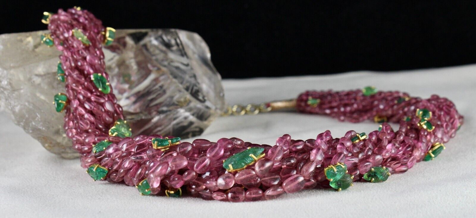 NATURAL PINK TOURMALINE BEADS EMERALD LEAVES 892 CT SILVER STATEMENT NECKLACE