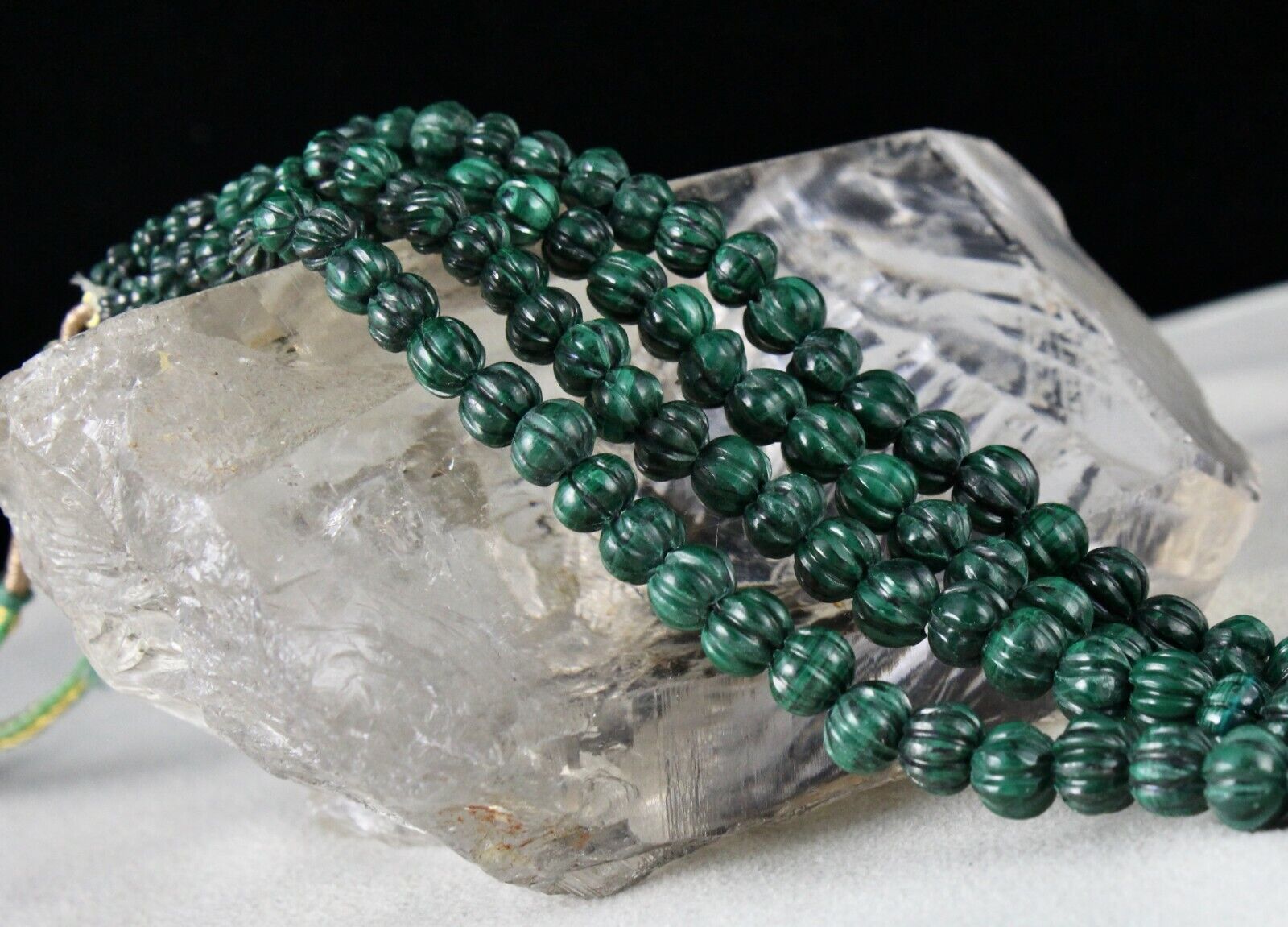 HEIRLOOM OLD NATURAL MALACHITE BEADS CARVED ROUND 356 CARATS GEMSTONE NECKLACE