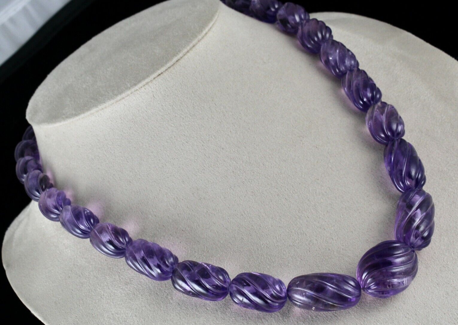 Natural Amethyst Beads Carved Oval Melon 737 Ct Gemstone Silver Vintage Necklace