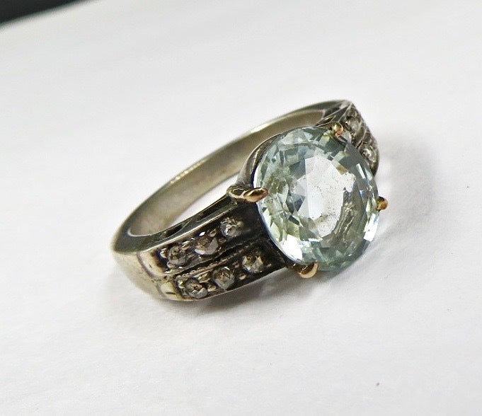 Aquamarine Blue Oval 24.21ct Natural Diamond 18k Gold Ring 925 Sterling Silver