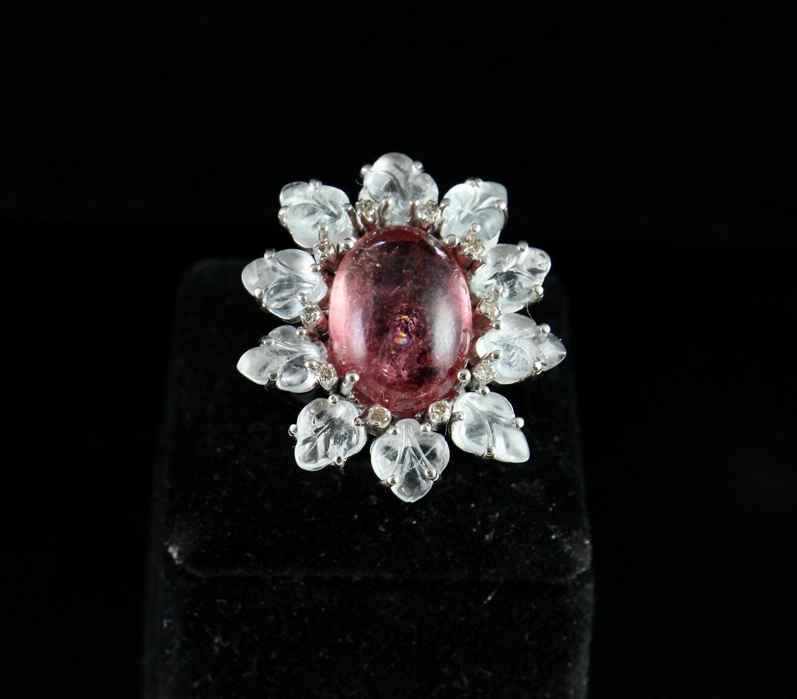 Antique Pink Tourmaline 10ct Aquamarine Carved Sterling Silver Victorian Ring