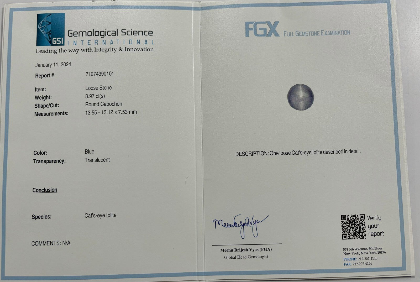 Certified Natural Blue Iolite Cat's Eye 8.97 Ct Gemstone Ring Pendant