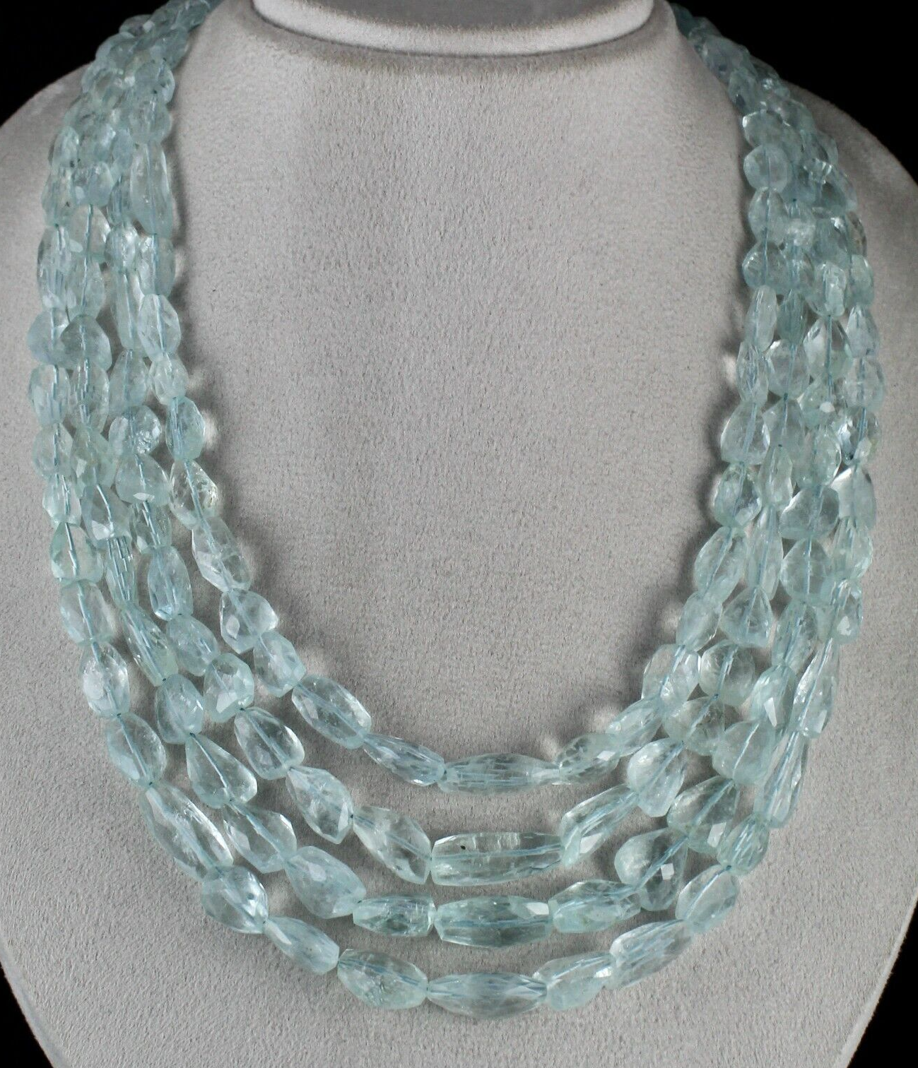 NATURAL BLUE AQUAMARINE FACETED TUMBLE  BEADS 4 LINE 1061 CARATS FINEST NECKLACE