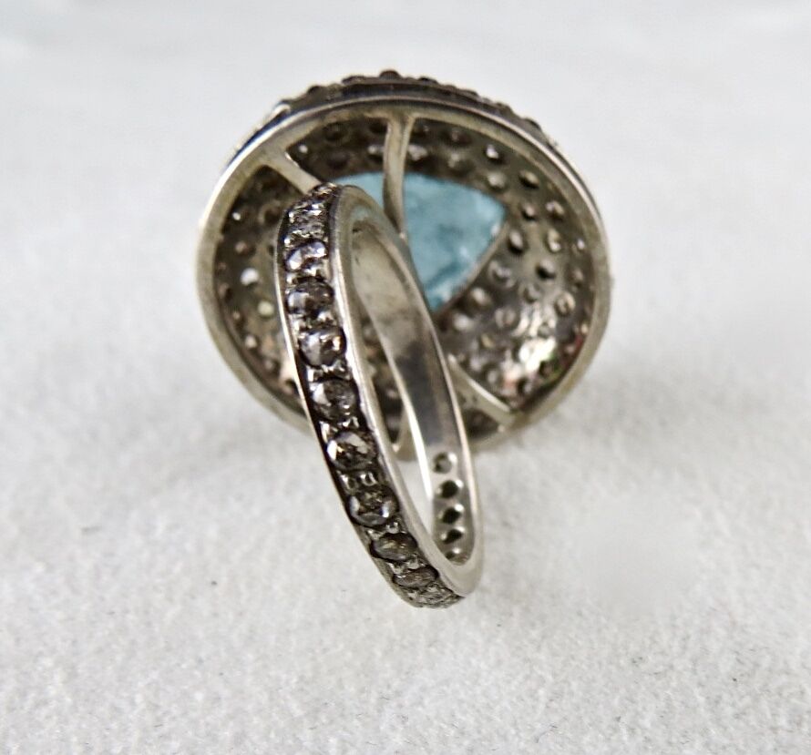 Antique Natural Blue Aquamarine Carved Diamond Gemstone Silver Victorian Ring