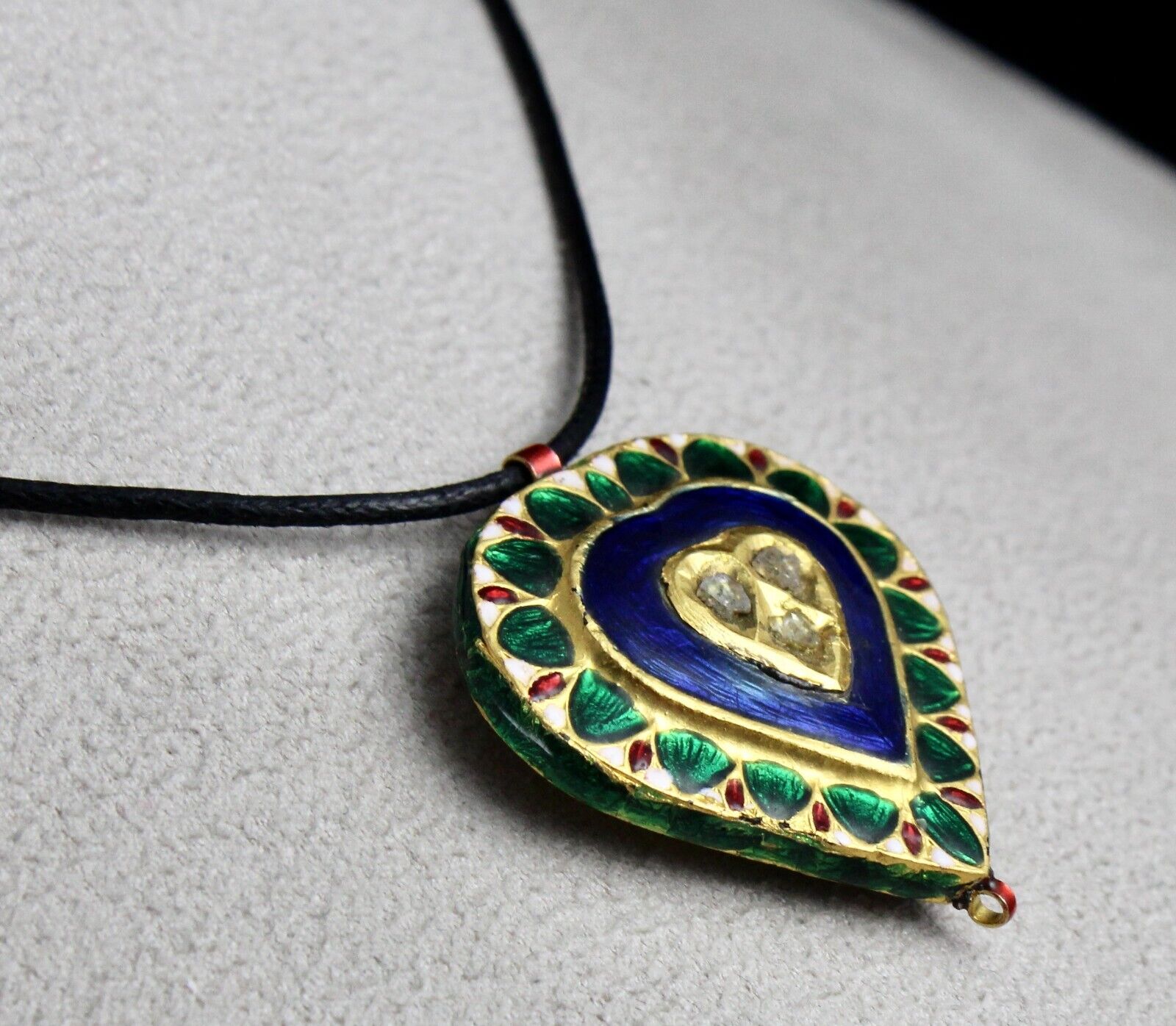 Antique Green Blue Jadau Natural Diamond Indian 22k Kundan Meena Gold Pendant