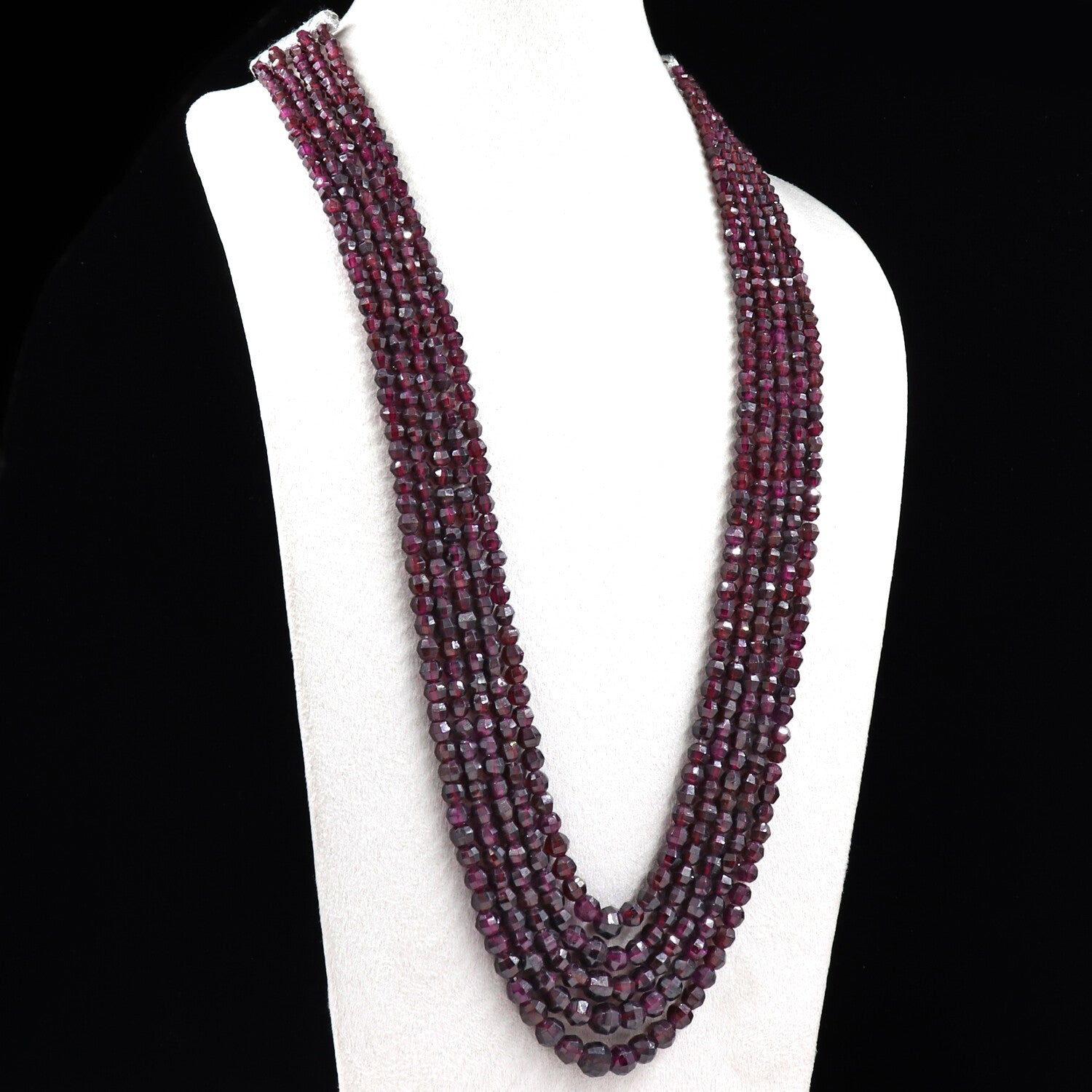 Natural Garnet Round Faceted Beads Necklace 754 Ct 5 Line Gemstone For Ladies