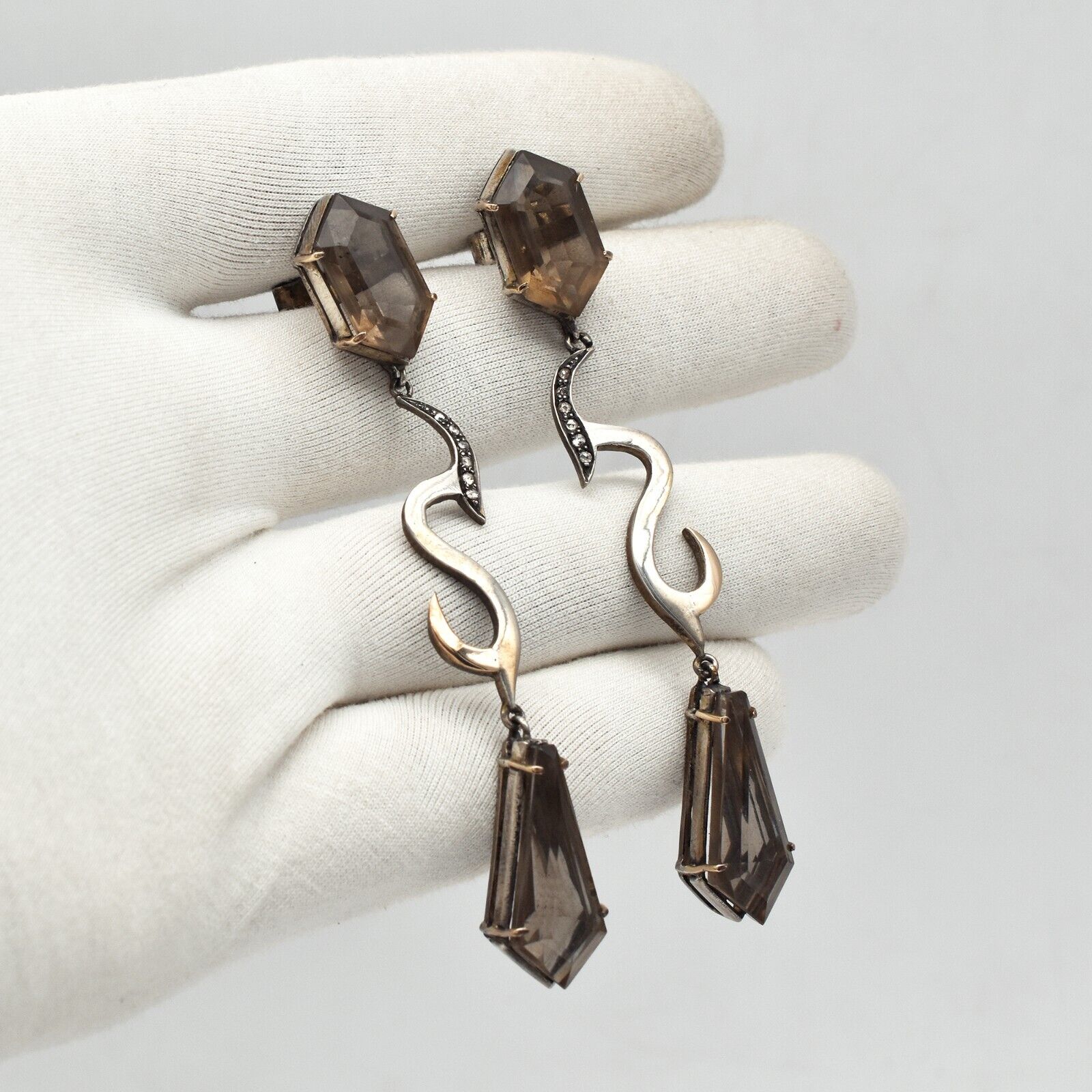 Natural Smoky Quartz Black Gemstone Diamond 18K Gold Victorian Silver Earring