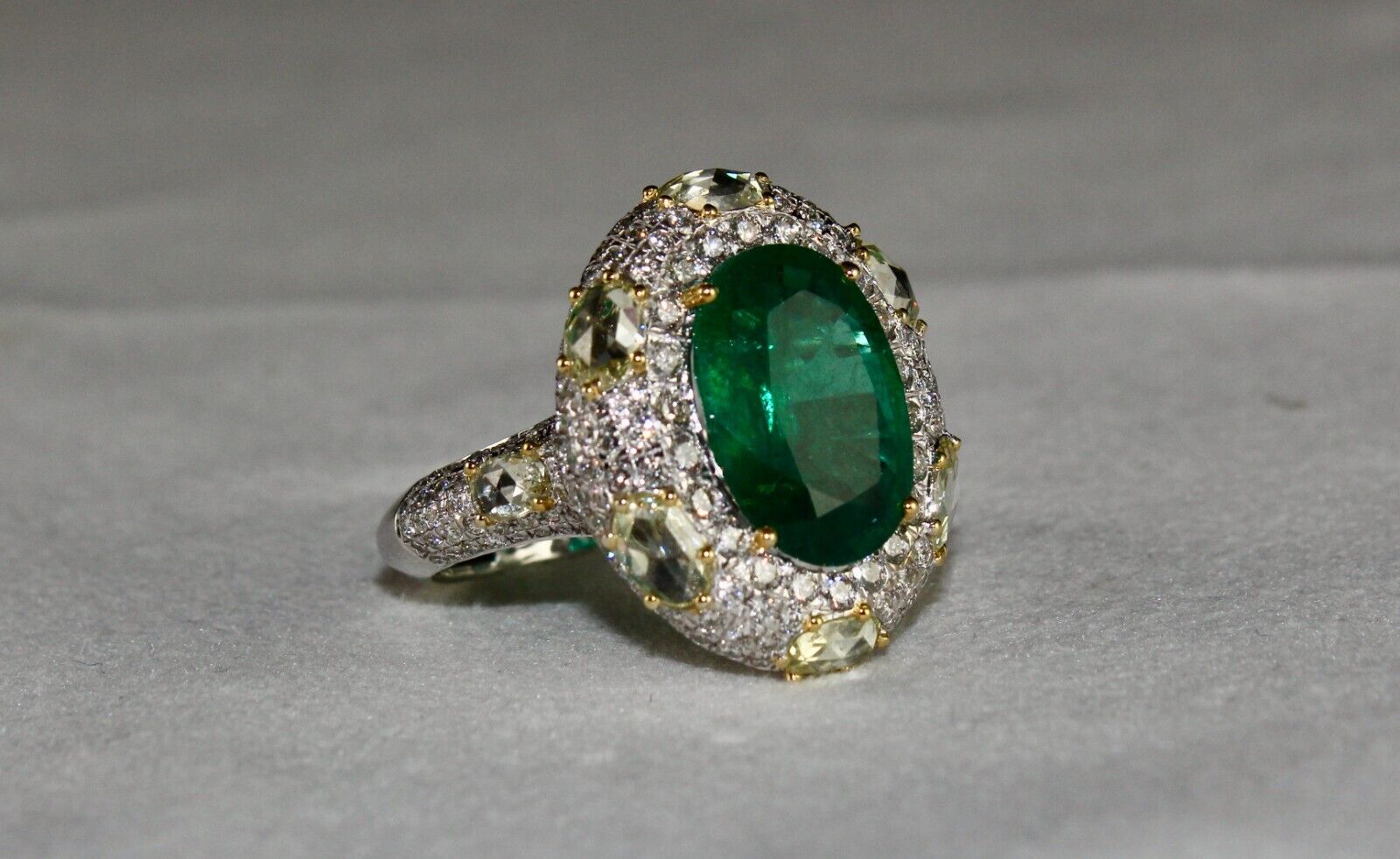 Certified Natural Zambia Emerald Oval Cut RoseCut Diamond 18K Gold Cocktail Ring