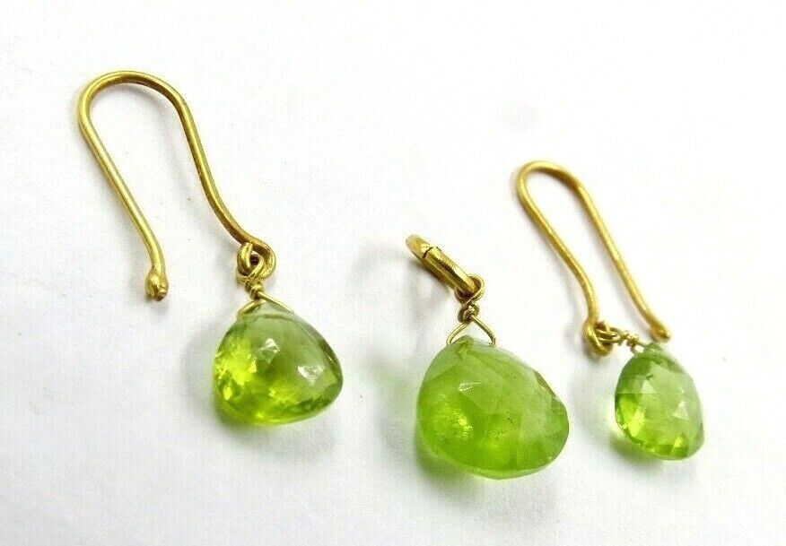 NATURAL GREEN PERIDOT TEAR DROPS 18K GOLD GEMSTONE FASHION EARRING PENDANT SET