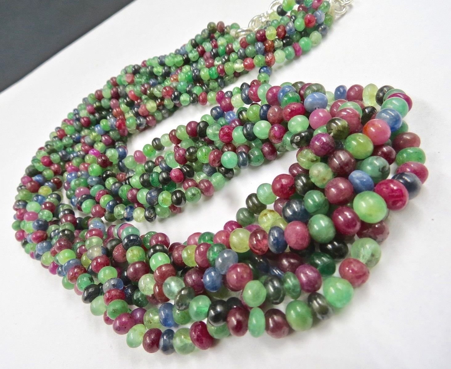 Vintage Natural Emerald Ruby Sapphire Beaded Round 631 Ct Stone Silver Necklace