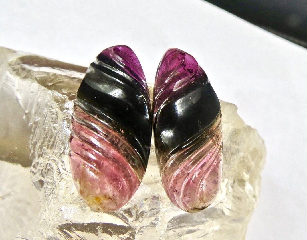 NATURAL MULTI WATERMELON TOURMALINE CARVED PAIR 40 CTS GEMSTONE 32X14MM EARRING