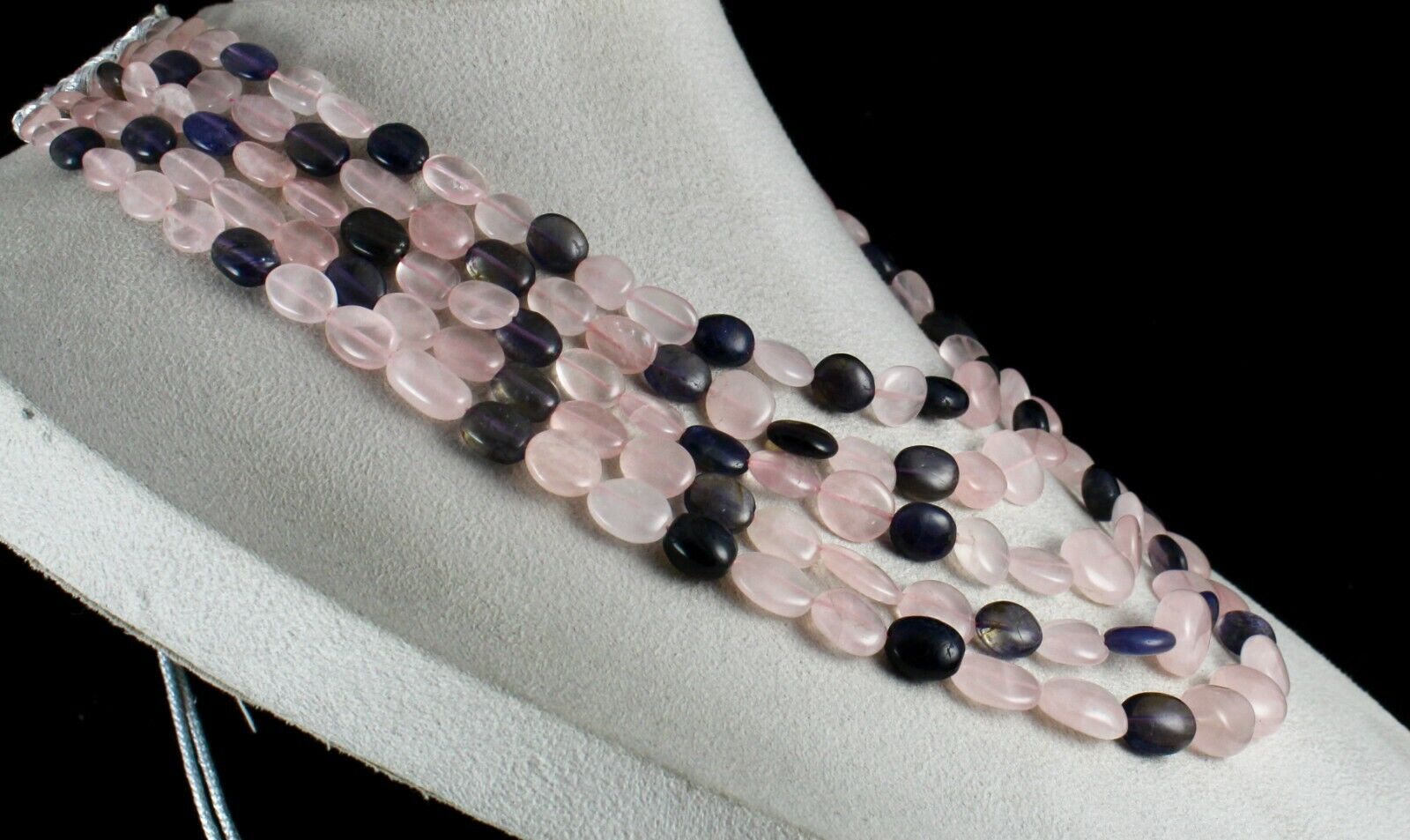 NATURAL ROSE QUARTZ IOLITE BEADS LONG 5 LINE 826 CTS GEMSTONE FASHION NECKLACE