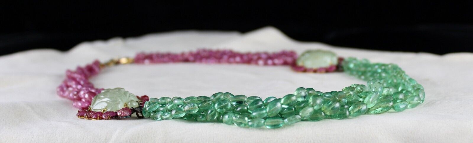 NATURAL COLOMBIAN EMERALD PINK SAPPHIRE BEADS CARVED GEMSTONE 18K GOLD NECKLACE