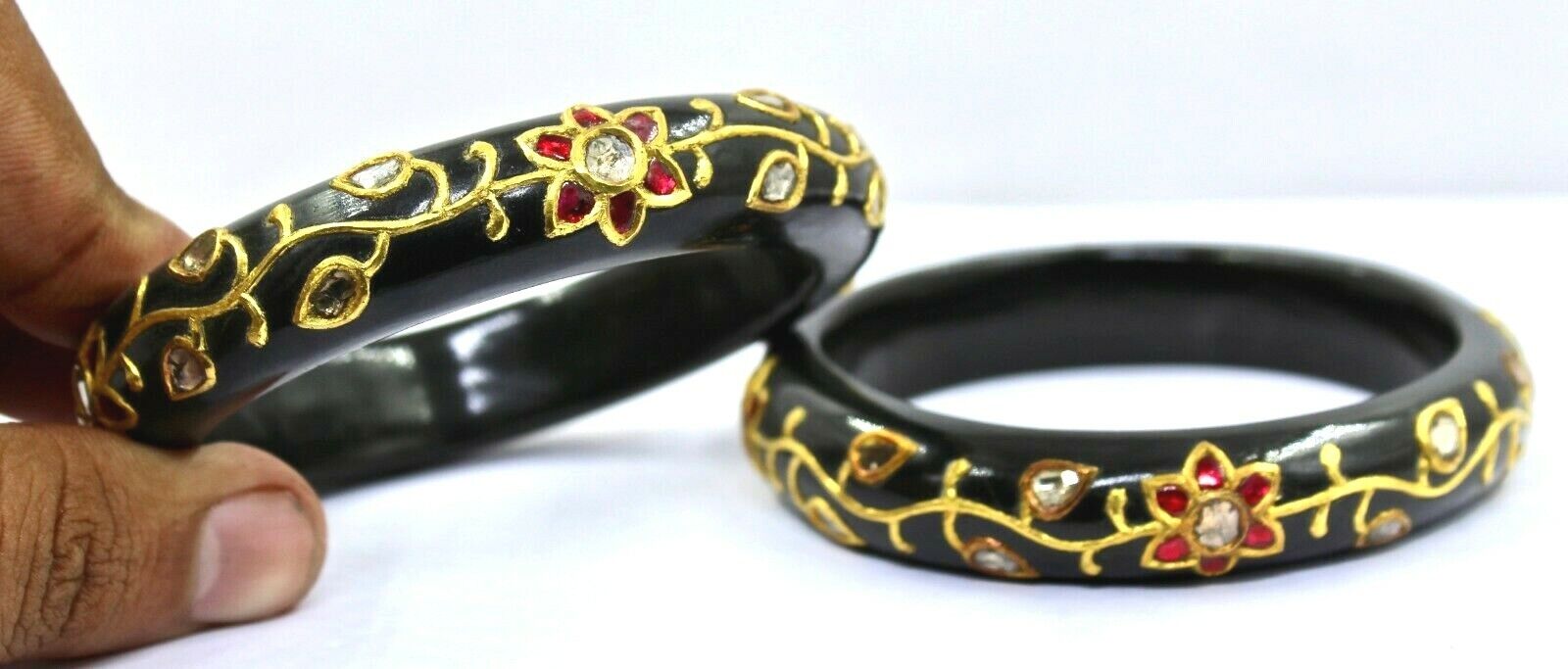 22k YellowGold Black Jade Ladies Bangle Pair Studded Ruby Diamond Jadau Gemstone