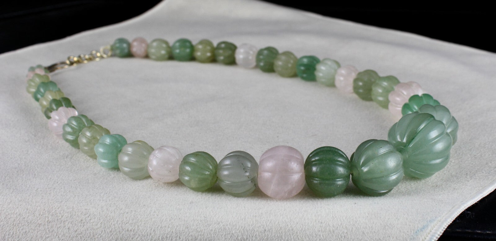 Natural Aventurine Jade Rose Quartz 854 Ct Silver Carved Bead Necklace